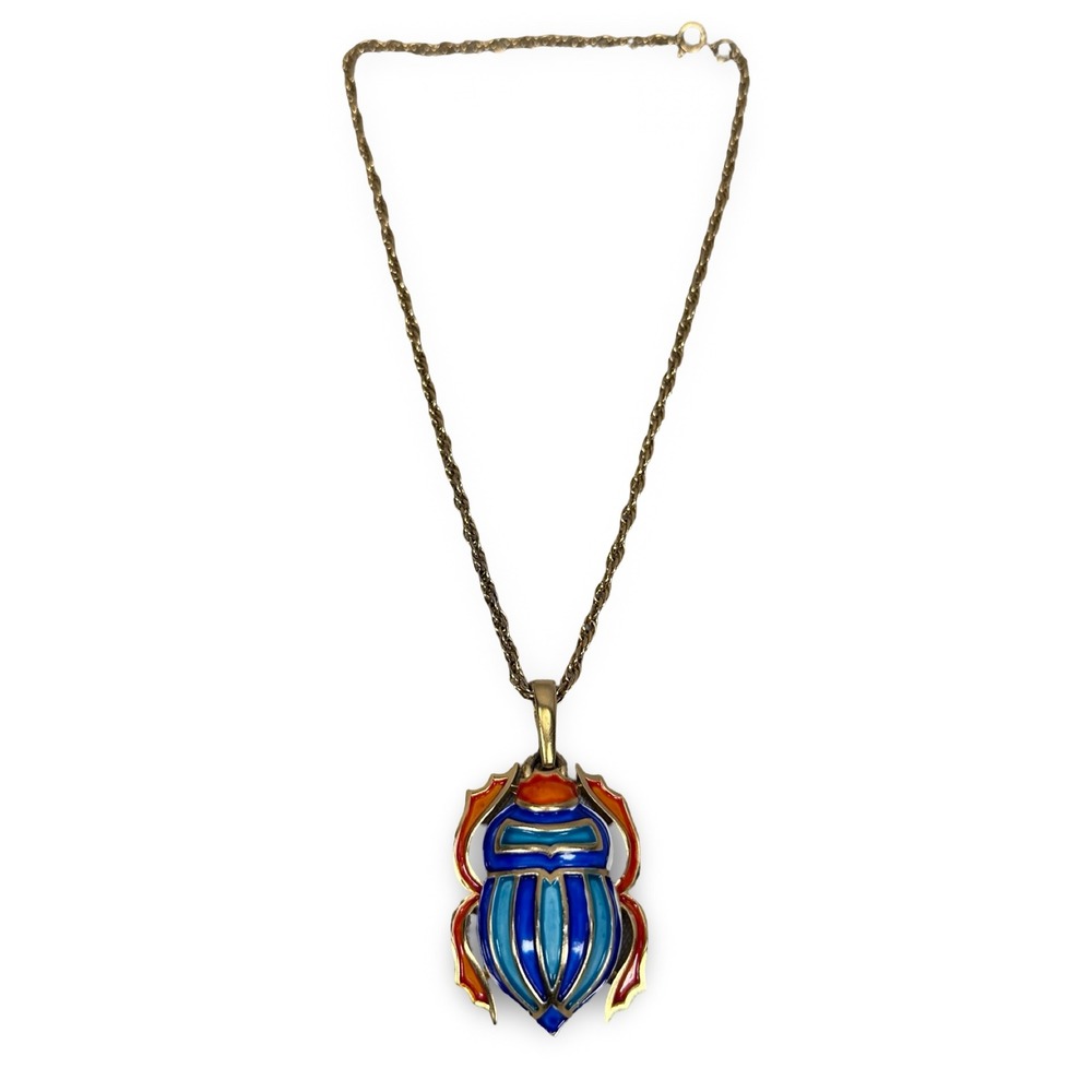 Vintage Crown Trifari‎ Egyptian Revival Blue Enamel Scarab Beetle Necklace 1960s